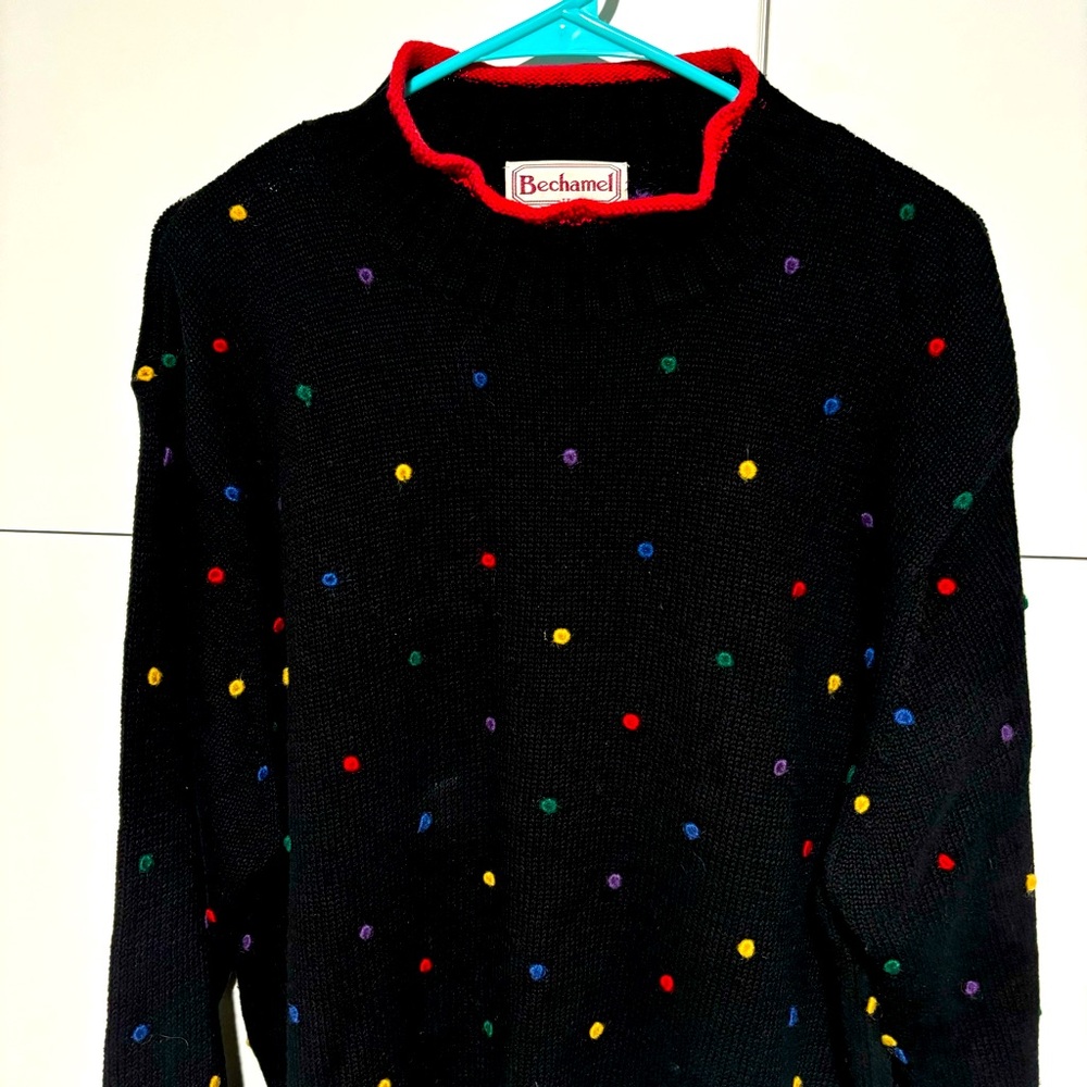 Vintage Womens Sweater 2X Chunky Knit Rainbow Black Long Sleeve Pullover Kidcore